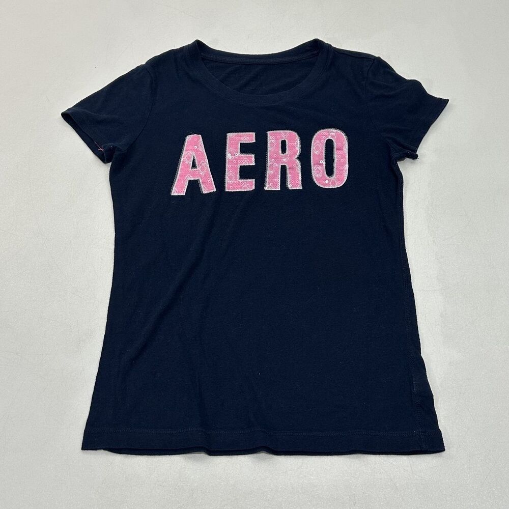 Aeropostale Women's T-Shirt Navy Blue Sequin Letter Applique Short Sleeve Size M